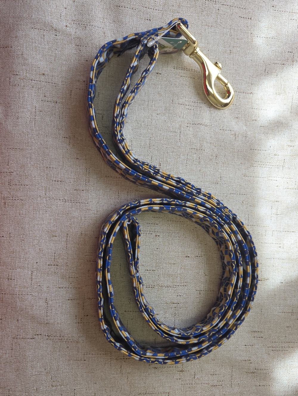 Blue and Gold Patterned Dog Leash with Gold Snap‎ Hook